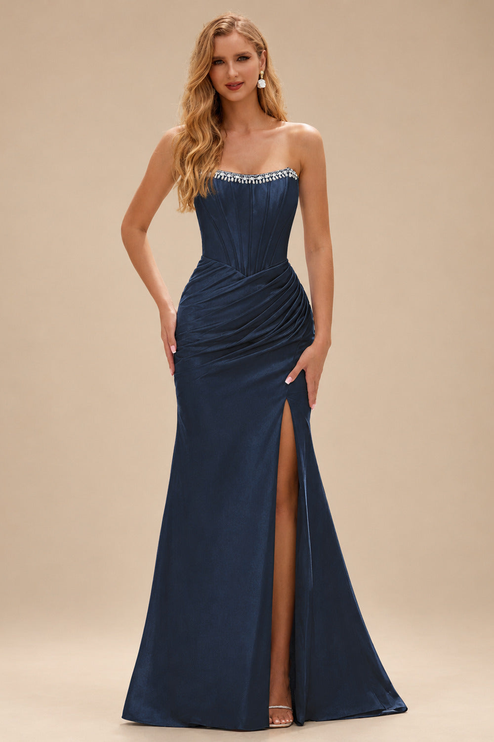Rutipo Dark Navy Fitted Pearls Beads Strapless Corset Ruched Prom Dress with Slit