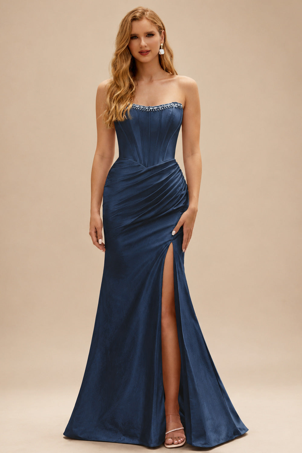 Rutipo Dark Navy Fitted Pearls Beads Strapless Corset Ruched Prom Dress with Slit
