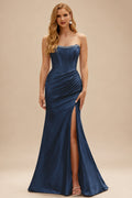 Rutipo Dark Navy Fitted Pearls Beads Strapless Corset Ruched Prom Dress with Slit