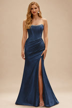 Rutipo Dark Navy Fitted Pearls Beads Strapless Corset Ruched Prom Dress with Slit