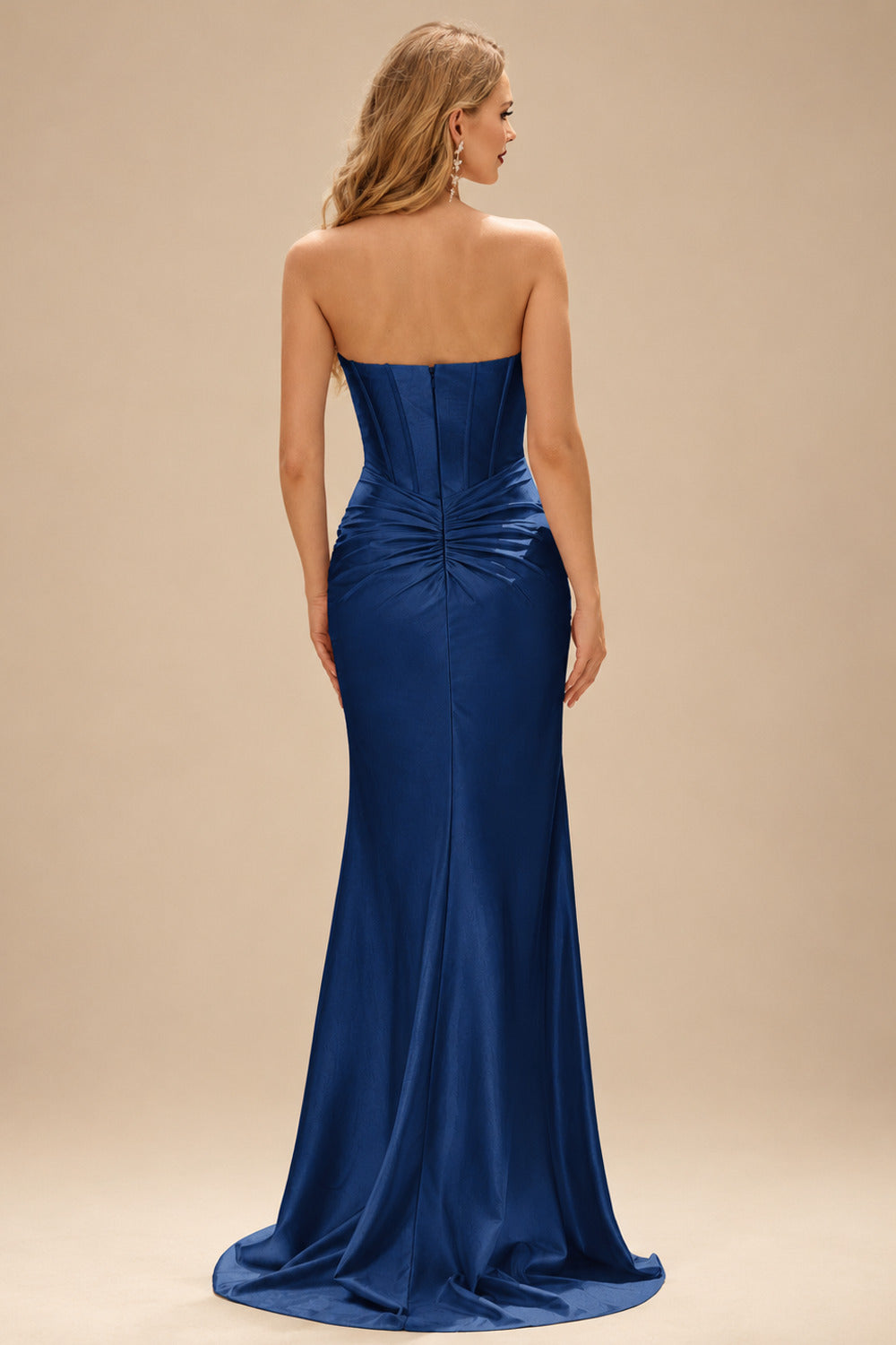 Rutipo Navy Blue Fitted Pearls Beads Strapless Corset Ruched Prom Dress with Slit