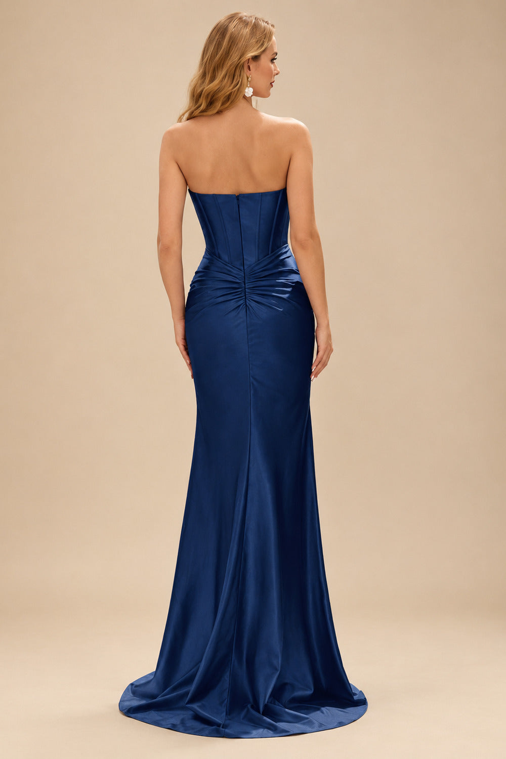 Rutipo Navy Blue Fitted Pearls Beads Strapless Corset Ruched Prom Dress with Slit