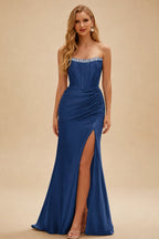 Rutipo Navy Blue Fitted Pearls Beads Strapless Corset Ruched Prom Dress with Slit