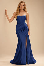 Rutipo Navy Blue Fitted Pearls Beads Strapless Corset Ruched Prom Dress with Slit