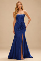 Rutipo Navy Blue Fitted Pearls Beads Strapless Corset Ruched Prom Dress with Slit