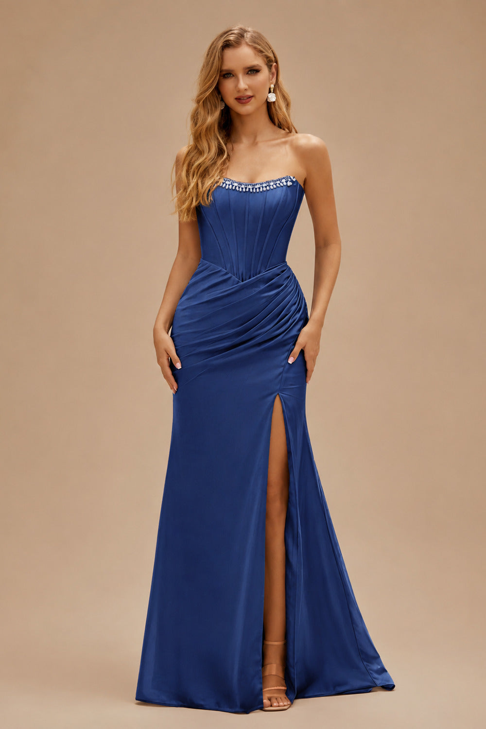 Rutipo Navy Blue Fitted Pearls Beads Strapless Corset Ruched Prom Dress with Slit