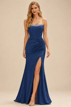 Rutipo Navy Blue Fitted Pearls Beads Strapless Corset Ruched Prom Dress with Slit