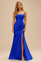 Rutipo Royal Blue Fitted Pearls Beads Strapless Corset Ruched Prom Dress with Slit