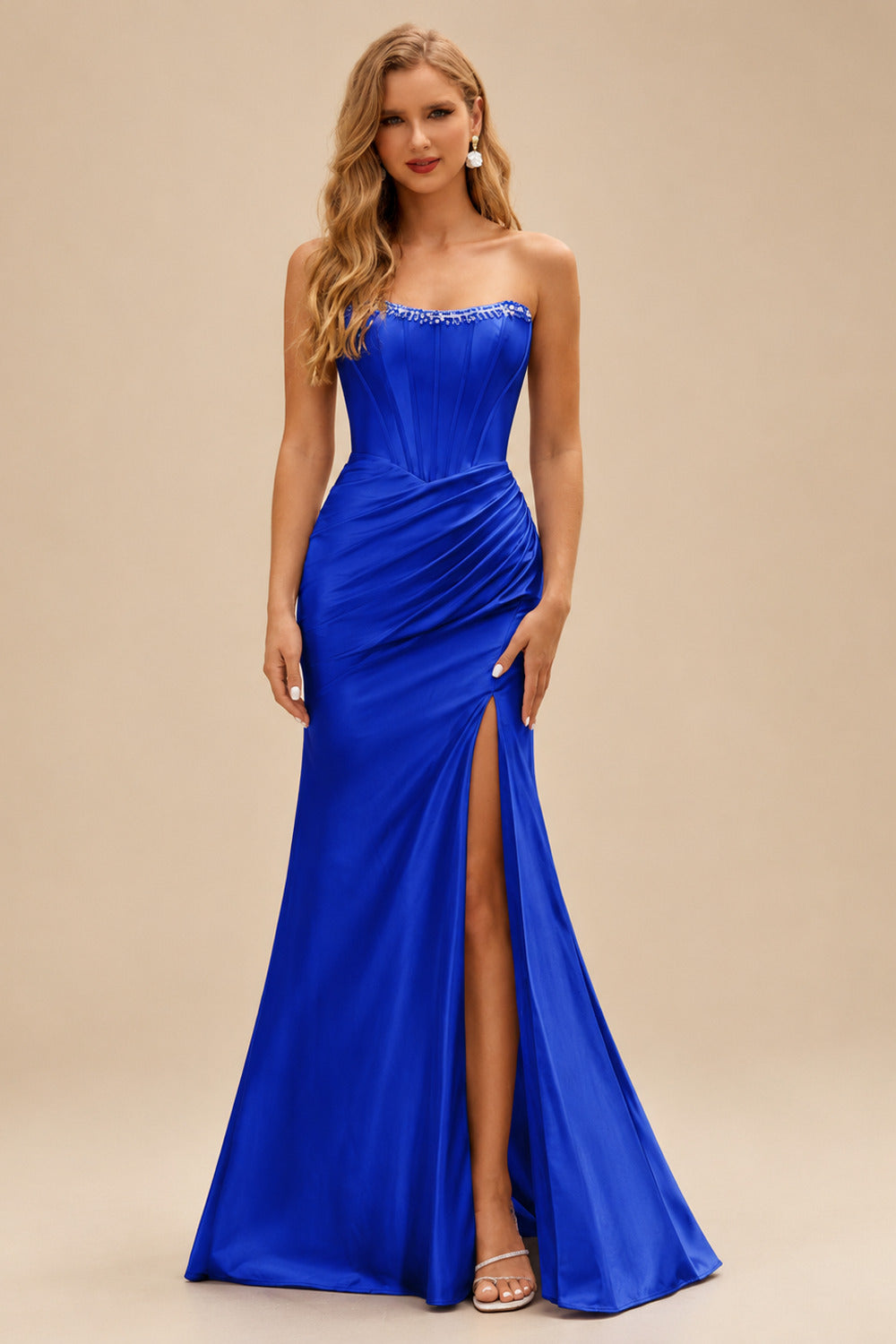 Rutipo Royal Blue Fitted Pearls Beads Strapless Corset Ruched Prom Dress with Slit