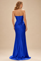 Rutipo Royal Blue Fitted Pearls Beads Strapless Corset Ruched Prom Dress with Slit
