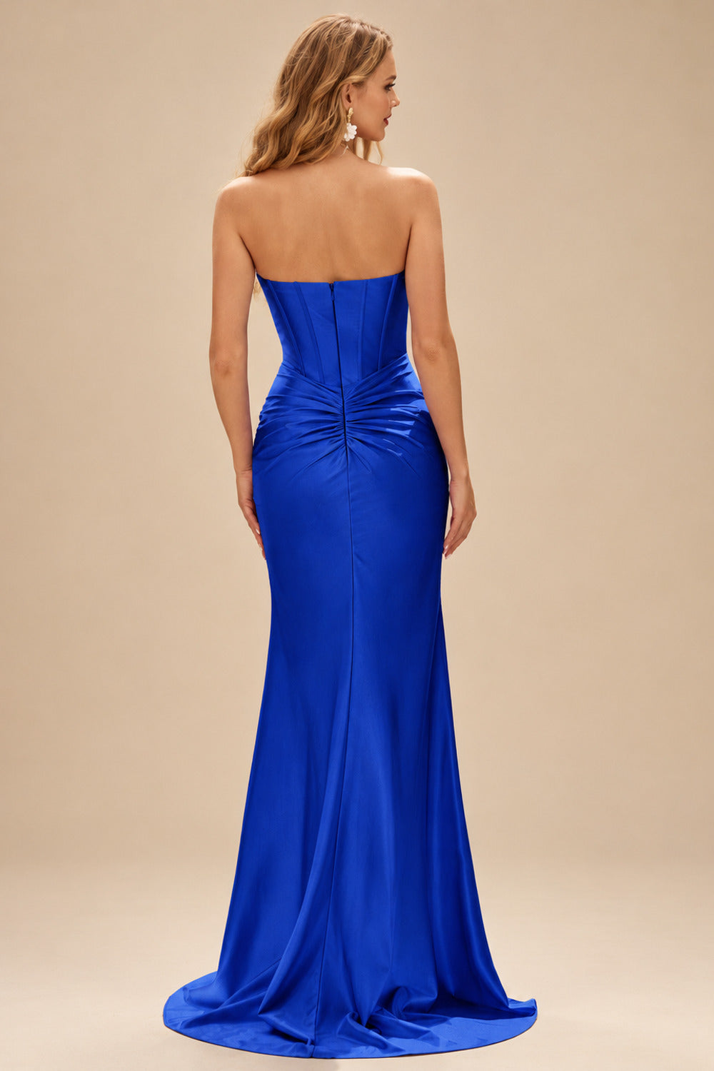 Rutipo Royal Blue Fitted Pearls Beads Strapless Corset Ruched Prom Dress with Slit