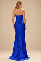 Rutipo Royal Blue Fitted Pearls Beads Strapless Corset Ruched Prom Dress with Slit