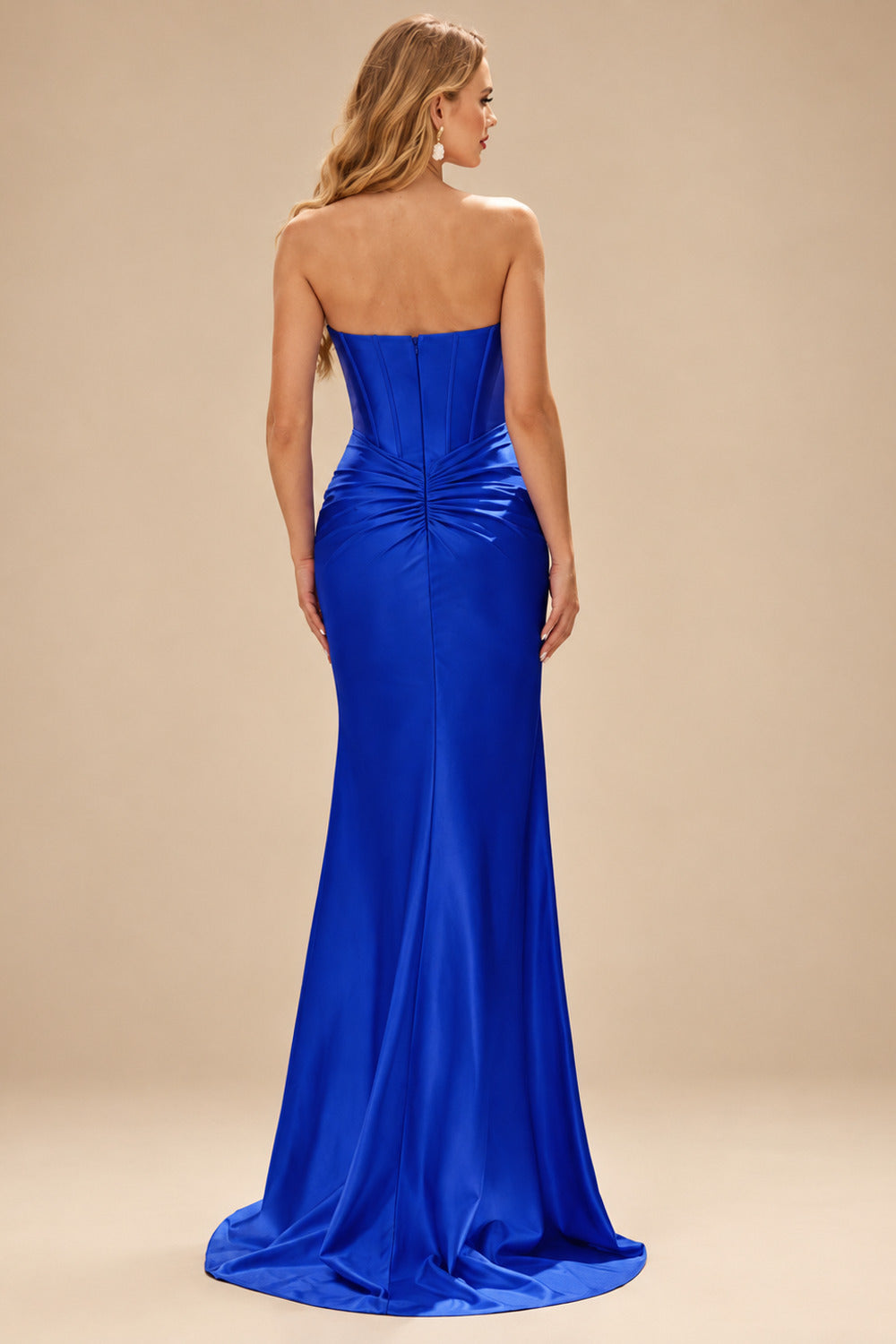 Rutipo Royal Blue Fitted Pearls Beads Strapless Corset Ruched Prom Dress with Slit