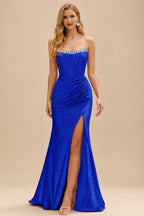 Rutipo Royal Blue Fitted Pearls Beads Strapless Corset Ruched Prom Dress with Slit