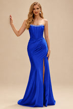 Rutipo Royal Blue Fitted Pearls Beads Strapless Corset Ruched Prom Dress with Slit