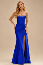 Rutipo Royal Blue Fitted Pearls Beads Strapless Corset Ruched Prom Dress with Slit