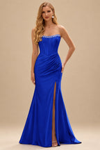 Rutipo Royal Blue Fitted Pearls Beads Strapless Corset Ruched Prom Dress with Slit
