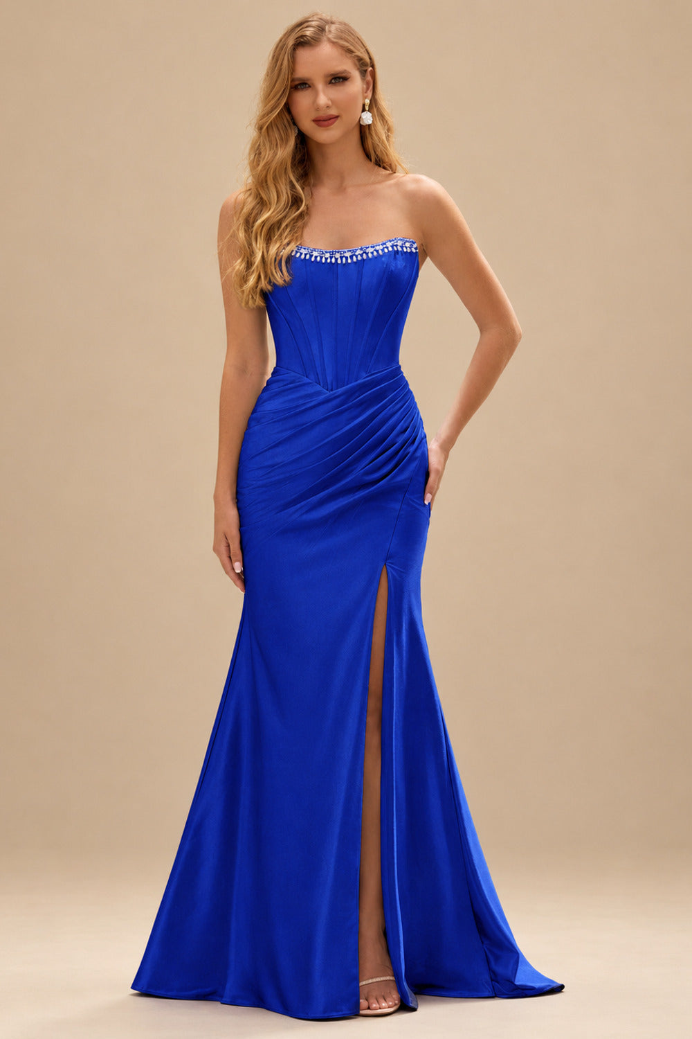 Rutipo Royal Blue Fitted Pearls Beads Strapless Corset Ruched Prom Dress with Slit