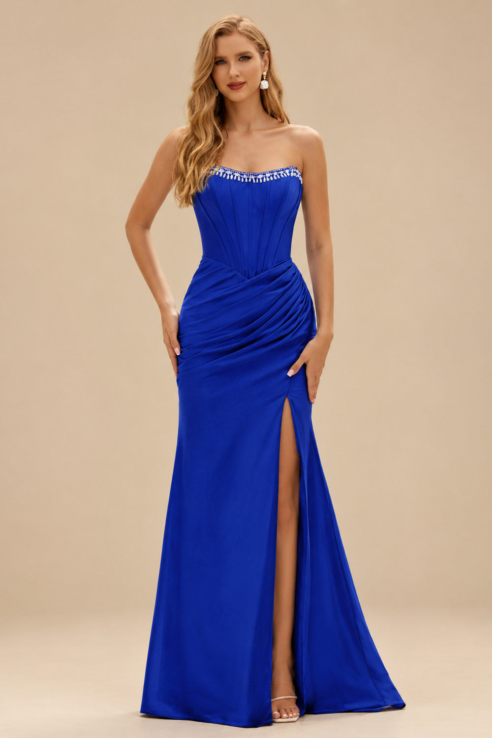 Rutipo Royal Blue Fitted Pearls Beads Strapless Corset Ruched Prom Dress with Slit