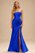 Rutipo Royal Blue Fitted Pearls Beads Strapless Corset Ruched Prom Dress with Slit