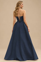 Rutipo Dark Navy A-line V Neck Strapless Satin Prom Dress with Corset Back and Front Slit
