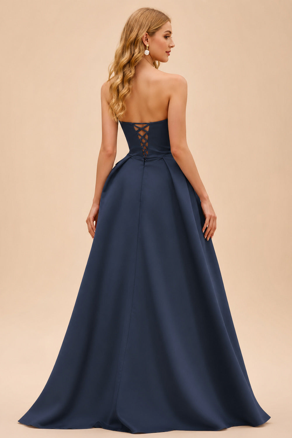 Rutipo Dark Navy A-line V Neck Strapless Satin Prom Dress with Corset Back and Front Slit