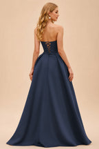 Rutipo Dark Navy A-line V Neck Strapless Satin Prom Dress with Corset Back and Front Slit