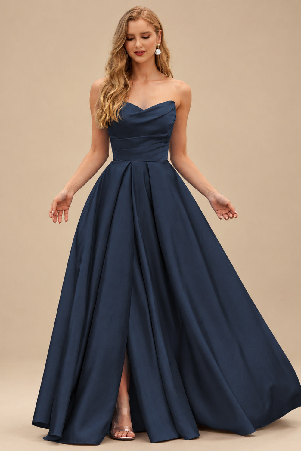 Rutipo Dark Navy A-line V Neck Strapless Satin Prom Dress with Corset Back and Front Slit
