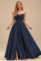Rutipo Dark Navy A-line V Neck Strapless Satin Prom Dress with Corset Back and Front Slit