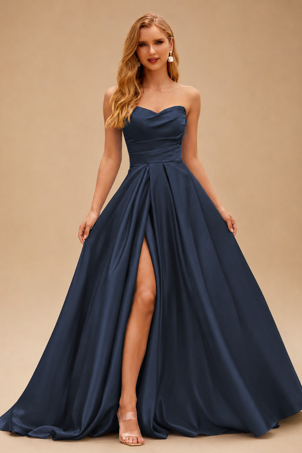 Rutipo Dark Navy A-line V Neck Strapless Satin Prom Dress with Corset Back and Front Slit