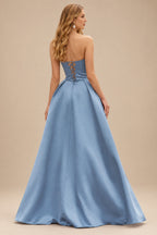 Rutipo Dusty Blue A-line V Neck Strapless Satin Prom Dress with Corset Back and Front Slit