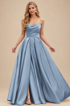 Rutipo Dusty Blue A-line V Neck Strapless Satin Prom Dress with Corset Back and Front Slit