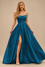 Rutipo Ink Blue A-line V Neck Strapless Satin Prom Dress with Corset Back and Front Slit