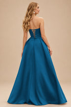 Rutipo Ink Blue A-line V Neck Strapless Satin Prom Dress with Corset Back and Front Slit