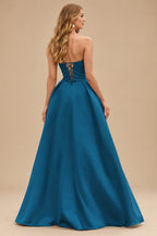 Rutipo Ink Blue A-line V Neck Strapless Satin Prom Dress with Corset Back and Front Slit