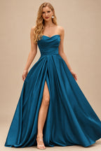 Rutipo Ink Blue A-line V Neck Strapless Satin Prom Dress with Corset Back and Front Slit