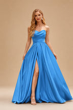 Rutipo Ocean Blue A-line V Neck Strapless Satin Prom Dress with Corset Back and Front Slit