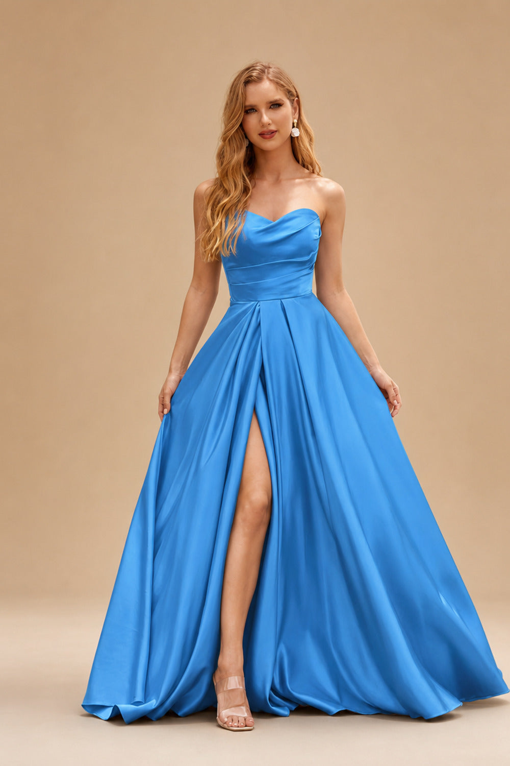 Rutipo Ocean Blue A-line V Neck Strapless Satin Prom Dress with Corset Back and Front Slit