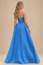 Rutipo Ocean Blue A-line V Neck Strapless Satin Prom Dress with Corset Back and Front Slit