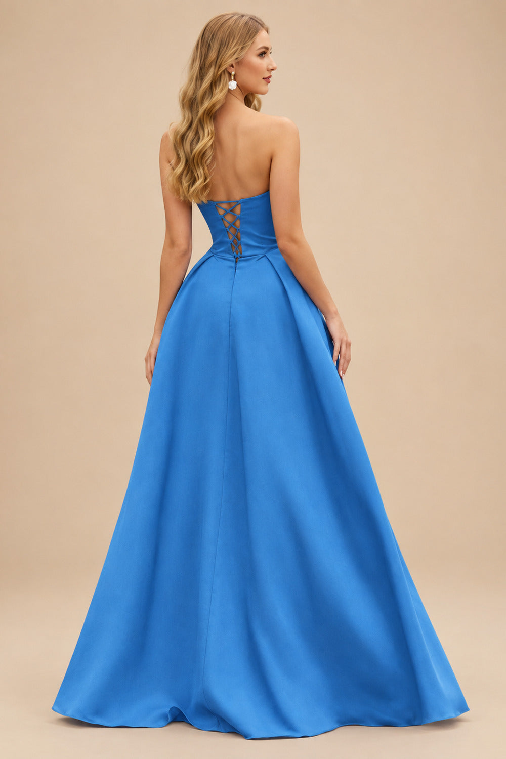 Rutipo Ocean Blue A-line V Neck Strapless Satin Prom Dress with Corset Back and Front Slit