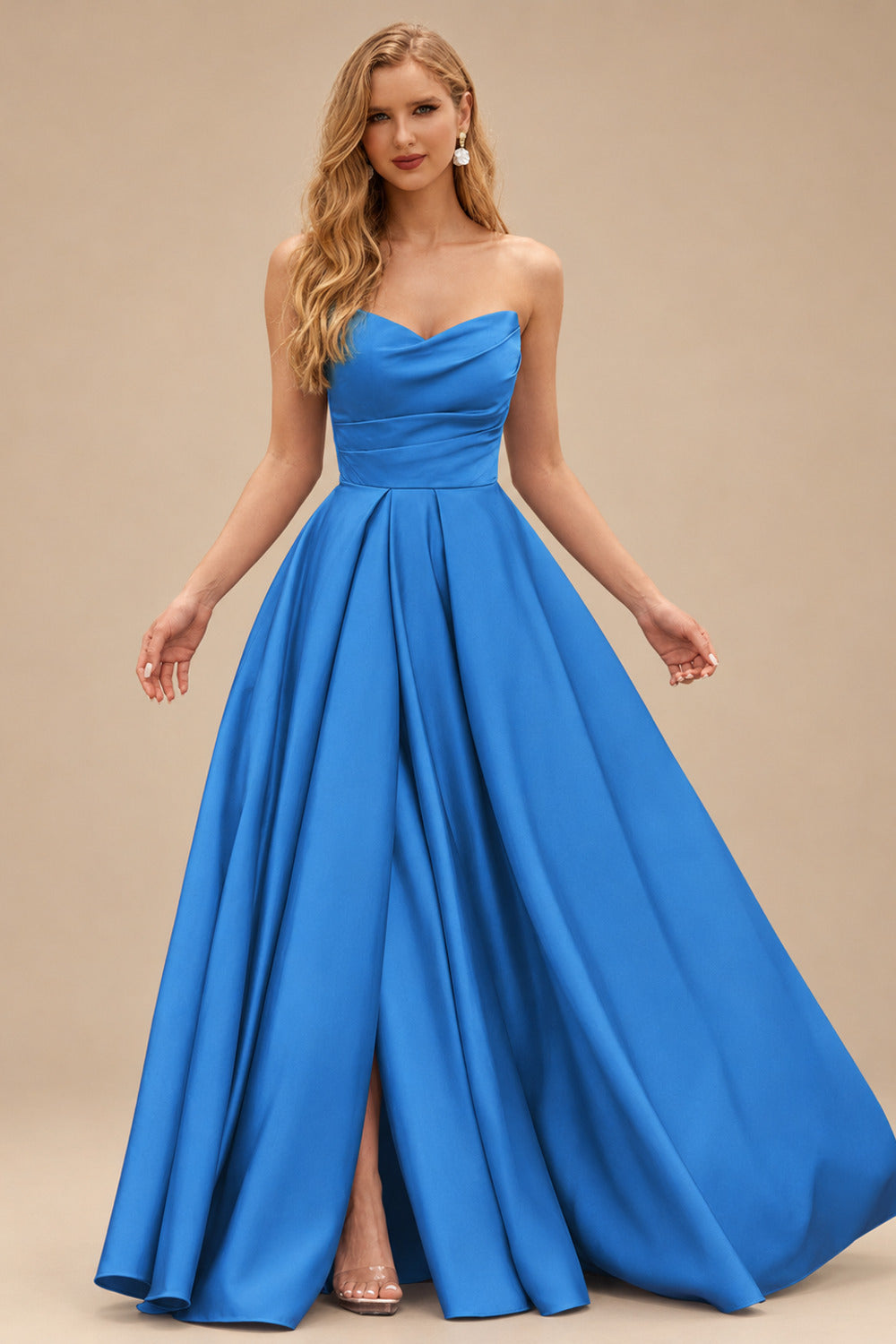 Rutipo Ocean Blue A-line V Neck Strapless Satin Prom Dress with Corset Back and Front Slit