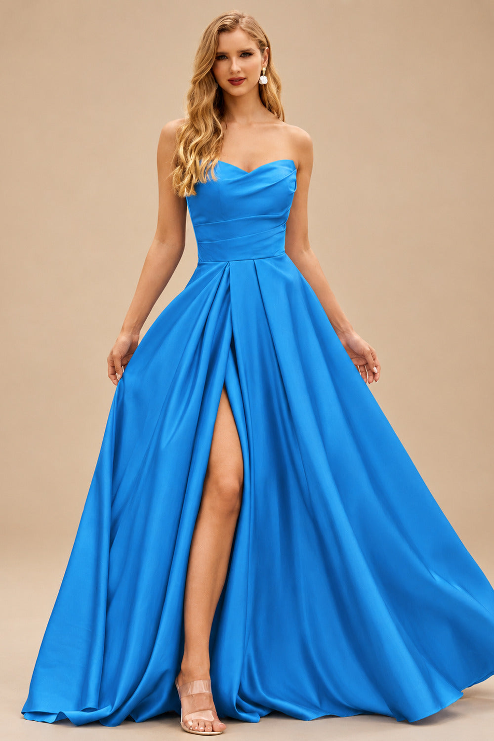 Rutipo Ocean Blue A-line V Neck Strapless Satin Prom Dress with Corset Back and Front Slit