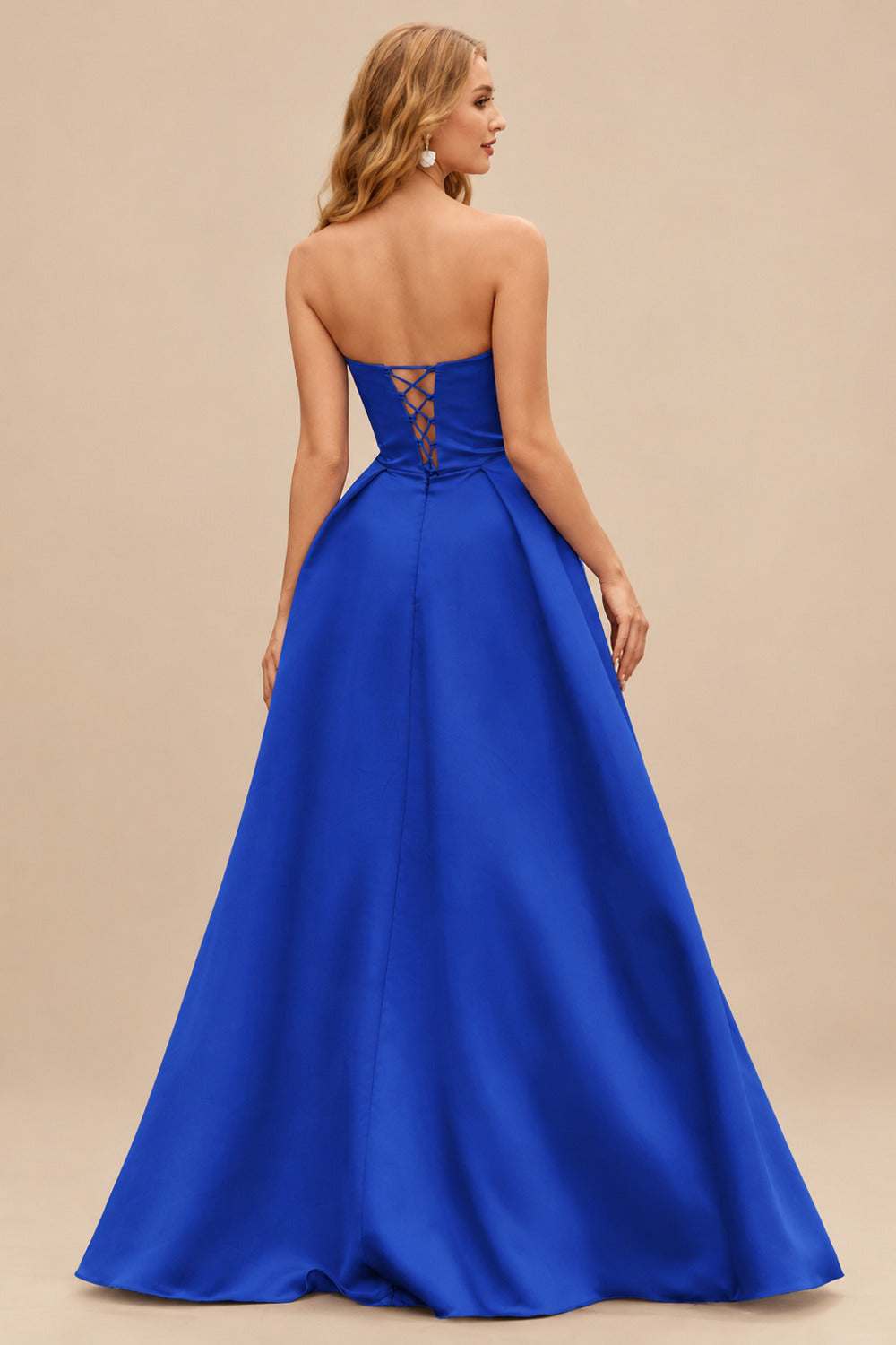 Rutipo Royal Blue A-line V Neck Strapless Satin Prom Dress with Corset Back and Front Slit