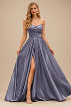 Rutipo Stormy A-line V Neck Strapless Satin Prom Dress with Corset Back and Front Slit