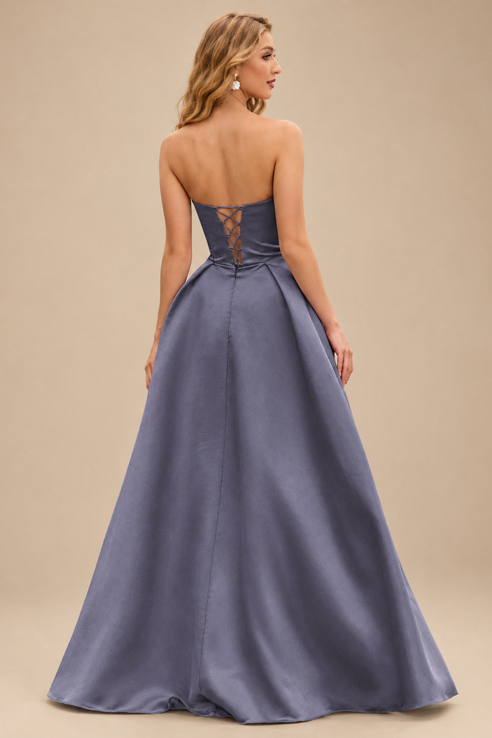 Rutipo Stormy A-line V Neck Strapless Satin Prom Dress with Corset Back and Front Slit