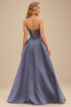 Rutipo Stormy A-line V Neck Strapless Satin Prom Dress with Corset Back and Front Slit