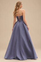 Rutipo Stormy A-line V Neck Strapless Satin Prom Dress with Corset Back and Front Slit