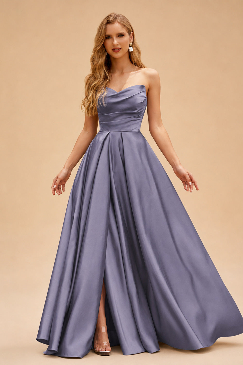 Rutipo Stormy A-line V Neck Strapless Satin Prom Dress with Corset Back and Front Slit