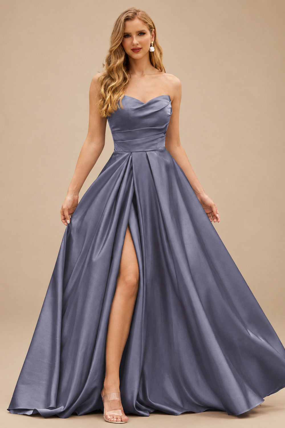 Rutipo Stormy A-line V Neck Strapless Satin Prom Dress with Corset Back and Front Slit