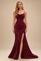 Rutipo Burgundy Fitted Cowl Neck Corset Velvet Sequins Prom Dress with Slit and Lace-Up Back